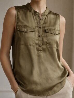 Olive Satin Tank Blouse Size 14 Button Front Sleeveless  Quiet Luxe Top